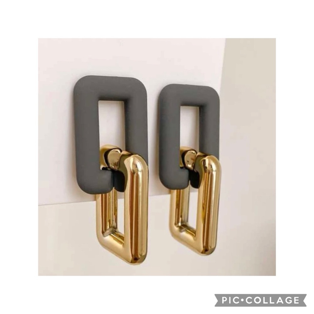 Two tone grey and gold geometric design drop earrings